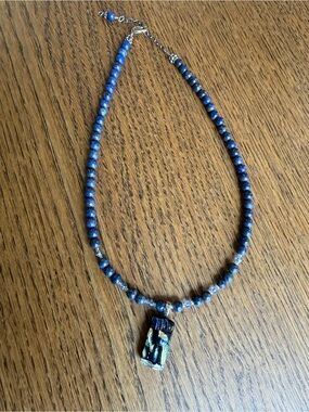 Artisan Handcrafted Lapis Lazuli Beaded Necklace Dichroic Glass Pendant